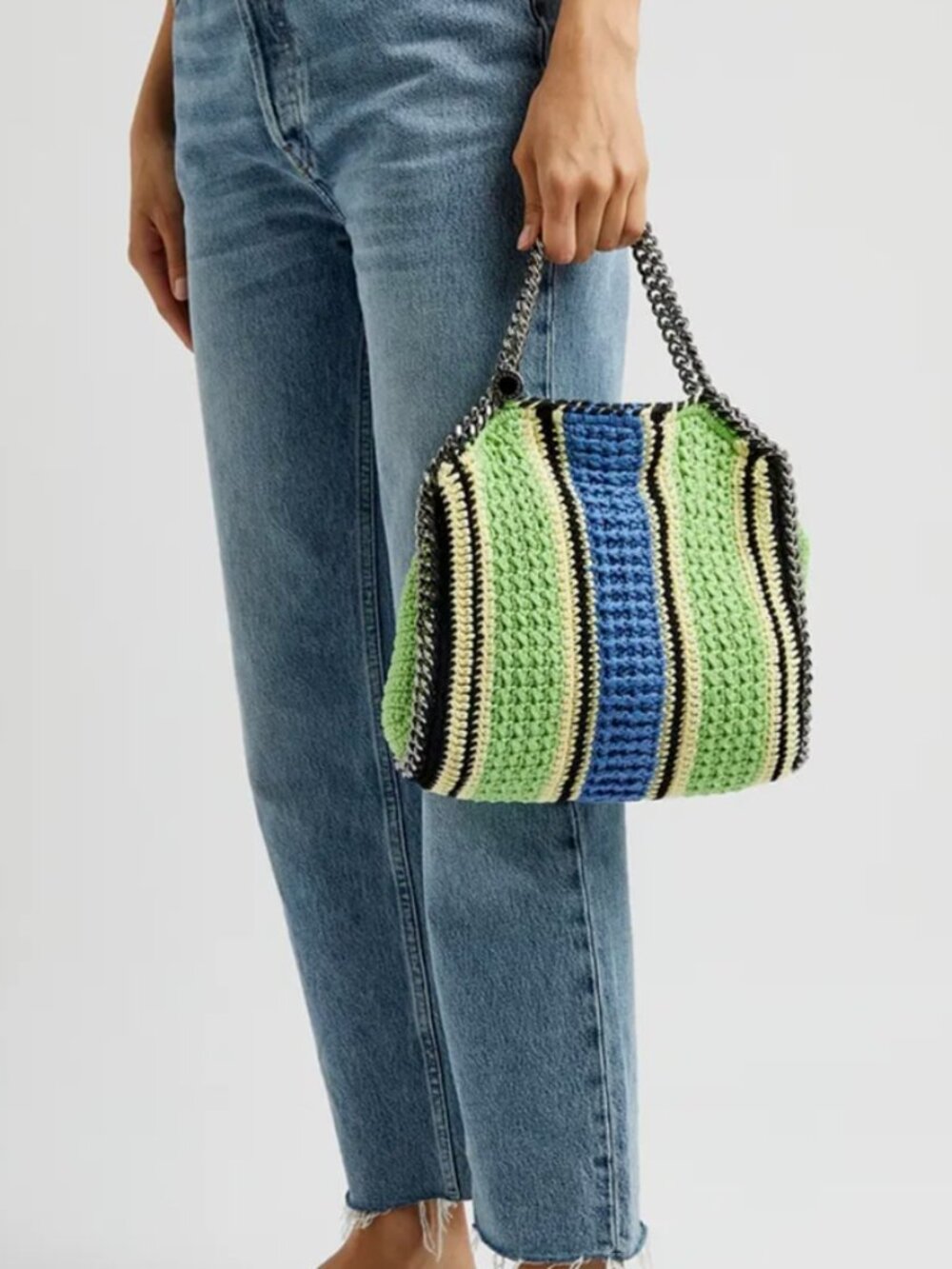 Falabella Mini Striped Crochet Tote Green
